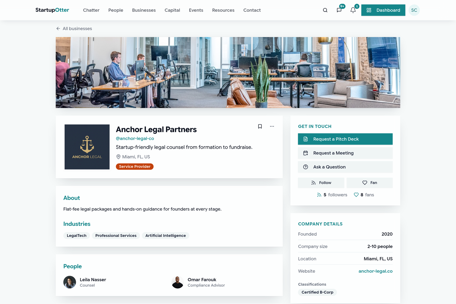 The Startup Otter business profile for Anchor Legal Partners, with cover photo, logo and contact actions