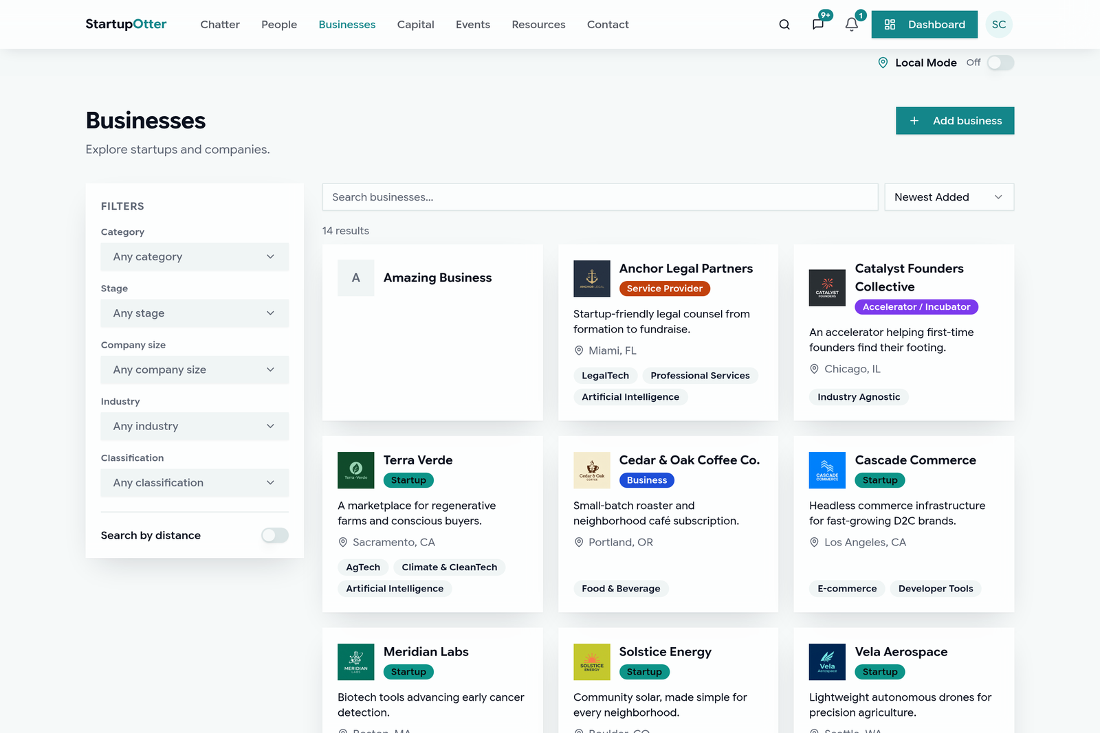 Searching the Startup Otter business directory by industry and location