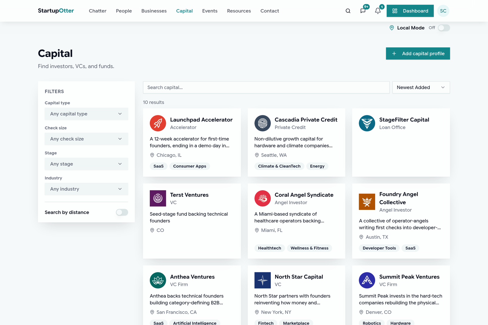 Filtering the Startup Otter capital directory by stage, check size and focus