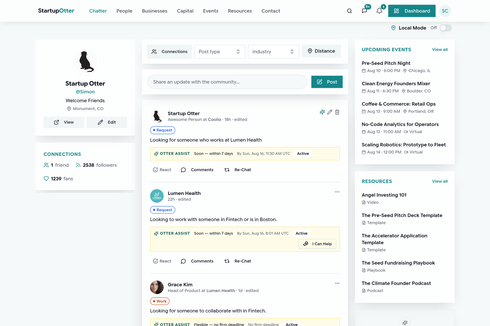 An @handle appearing across posts and conversations on Startup Otter