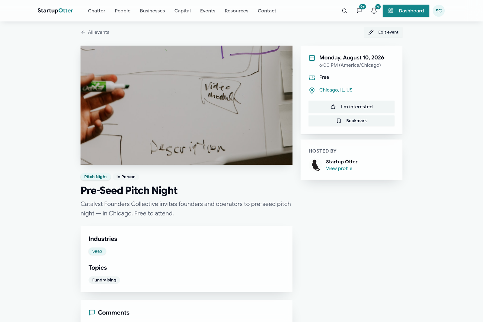 A Startup Otter event page for Pre-Seed Pitch Night, with cover image and organizer