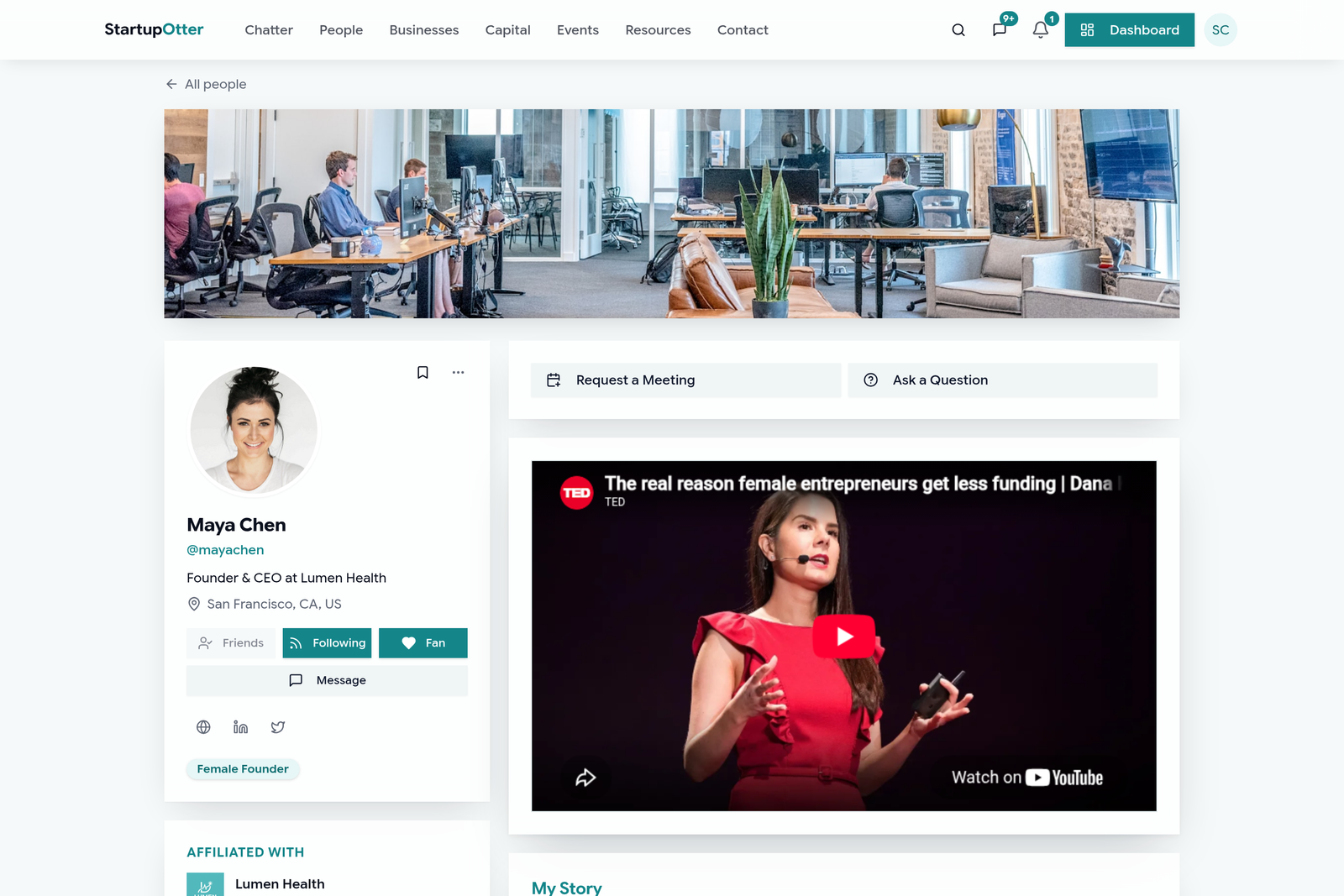 A Startup Otter personal profile with intro video, industries and skills