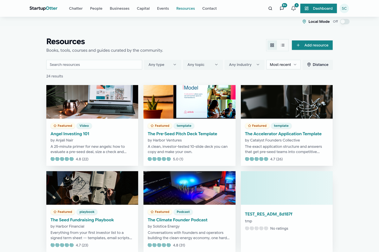 The Startup Otter resource library with community ratings and filters