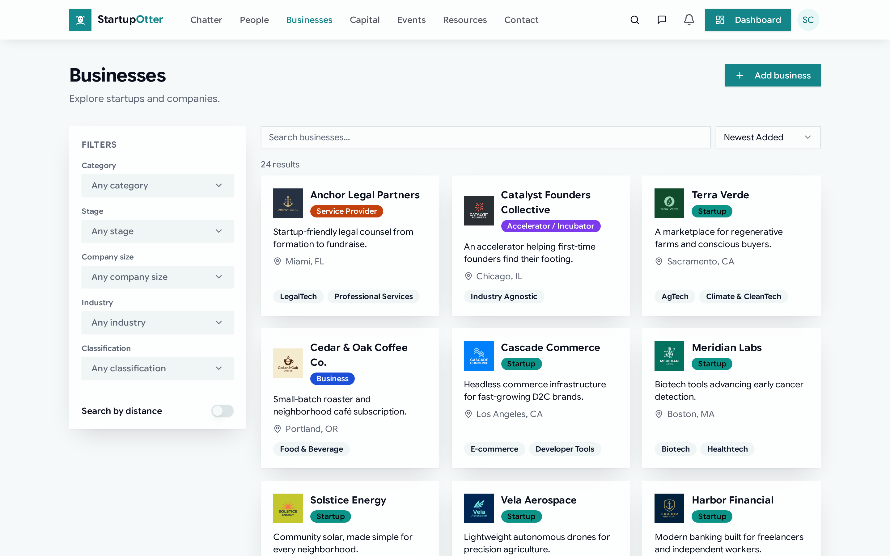 Directory search filters for businesses